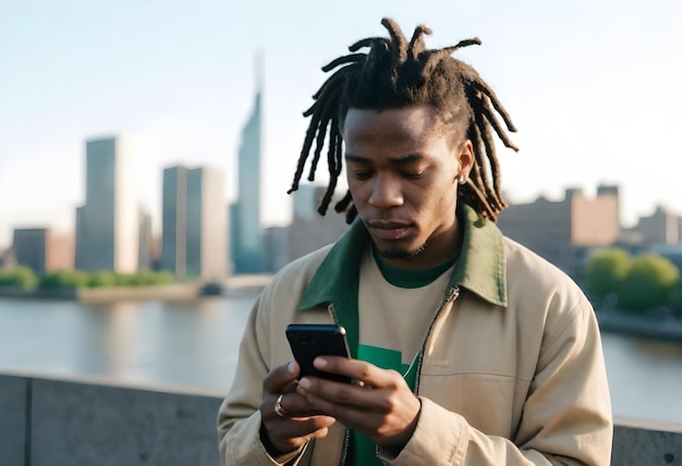 Foto een man met dreadlocks op zijn hoofd kijkt naar zijn telefoon