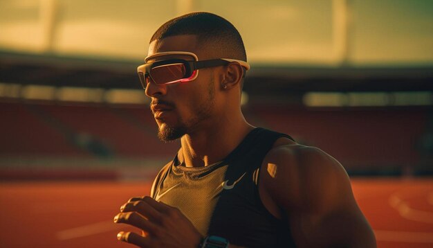 een man met een 3D-bril staat voor een rood sportpak