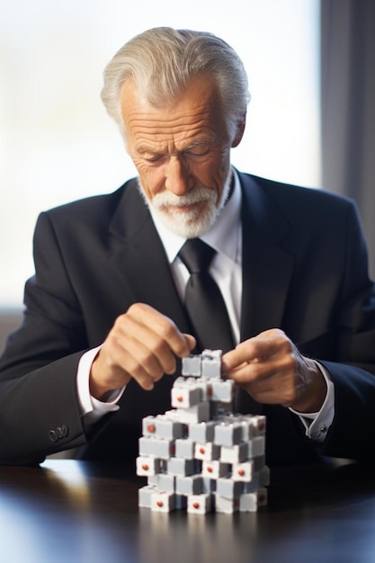 Foto een man met een baard die een spelletje domino's speelt