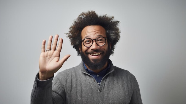 Foto een man met een baard die in de lucht zwaait