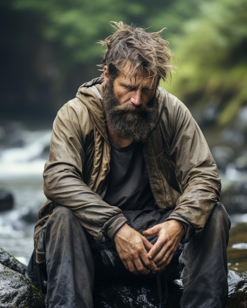 een man met een baard die op een rots bij een rivier zit