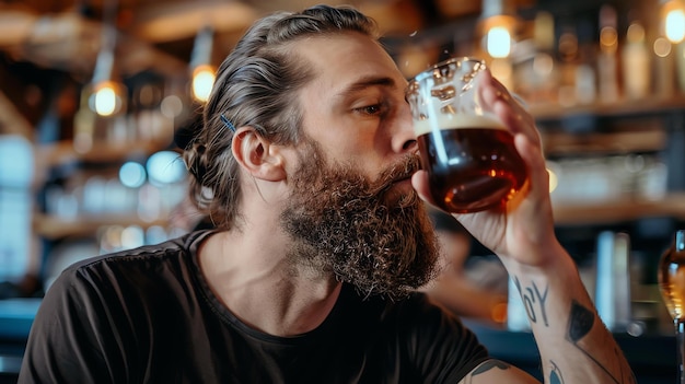 Foto een man met een baard drinkt een glas bier in een bar. hij heeft lang bruin haar en tatoeages op zijn armen.