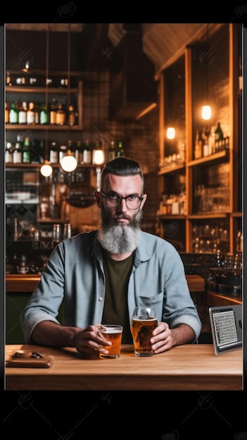 een man met een baard drinkt een pint bier.