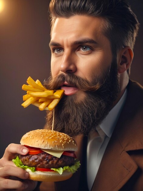 Foto een man met een baard eet een hamburger met frietjes.