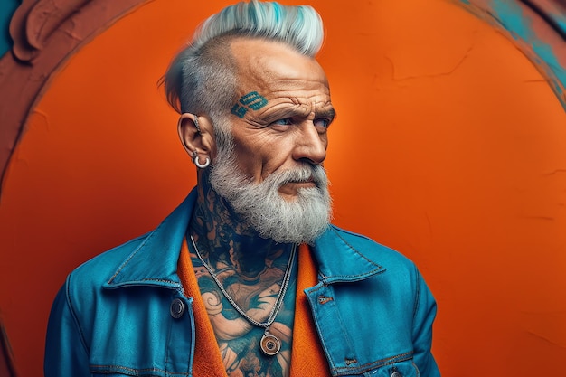 Een man met een baard en blauwe ogen staat voor een oranje achtergrond.