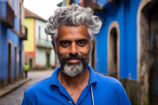 een man met een baard en een blauw shirt