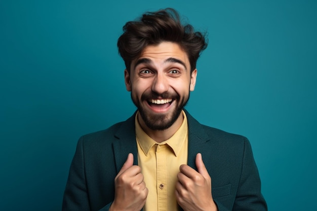 Een man met een baard en een groen jasje glimlacht en houdt zijn handen omhoog.