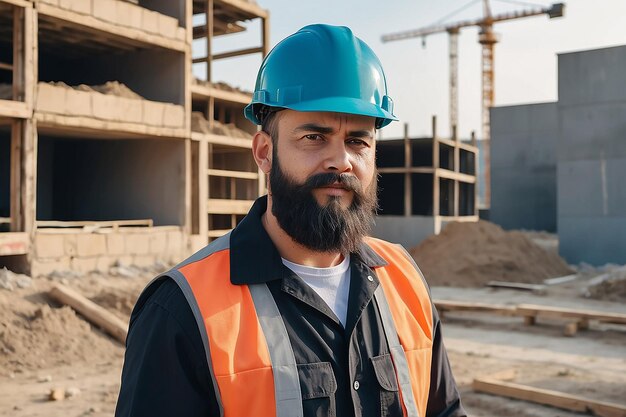 Foto een man met een baard en een helm op zijn hoofd in een werkuniform werkt op een bouwplaats