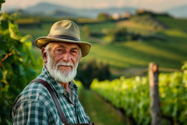een man met een baard en een hoed staat in een wijngaard
