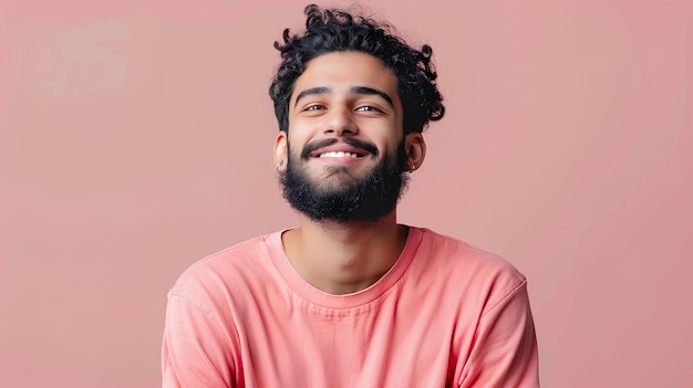 Een man met een baard en een roze shirt glimlacht naar de camera met een roze achtergrond achter hem en een