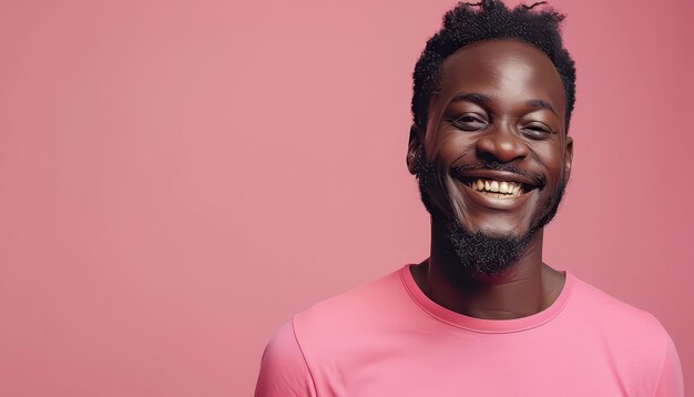 Foto een man met een baard en een roze shirt glimlacht