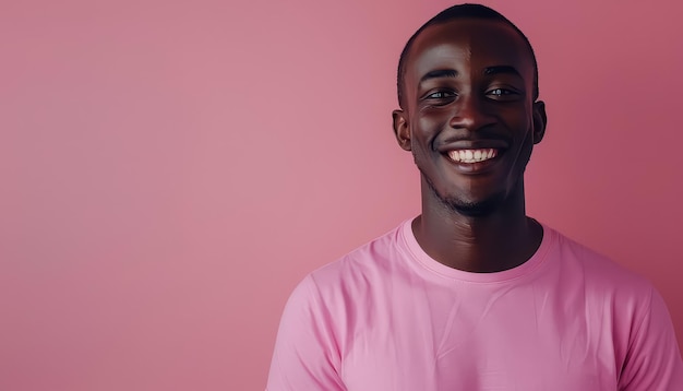 Een man met een baard en een roze shirt glimlacht