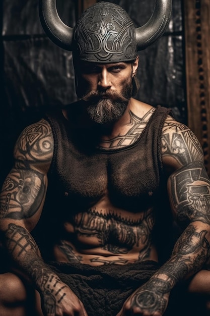 Een man met een baard en een tatoeage op zijn borst zit op een bankje.