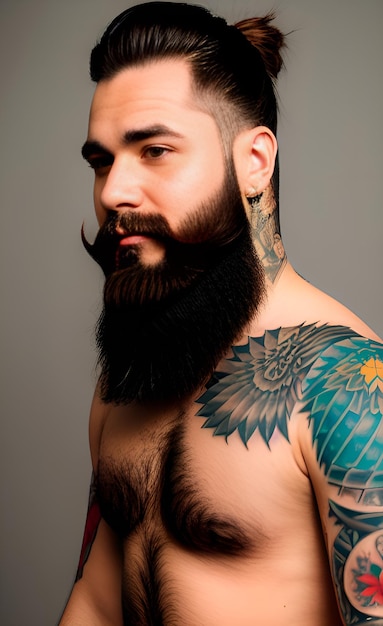 Een man met een baard en een tatoeage op zijn borst