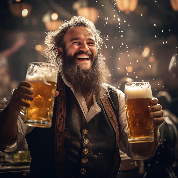 een man met een baard en een volle baard houdt een mok bier vast.