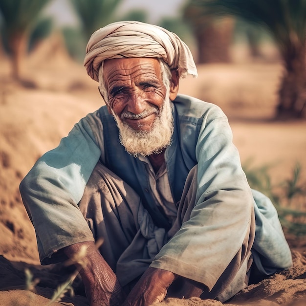 een man met een baard en een witte baard knielt in de modder