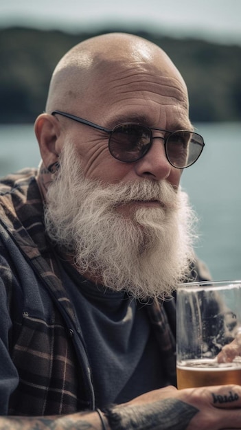 een man met een baard en een zonnebril die een glas bier vasthoudt