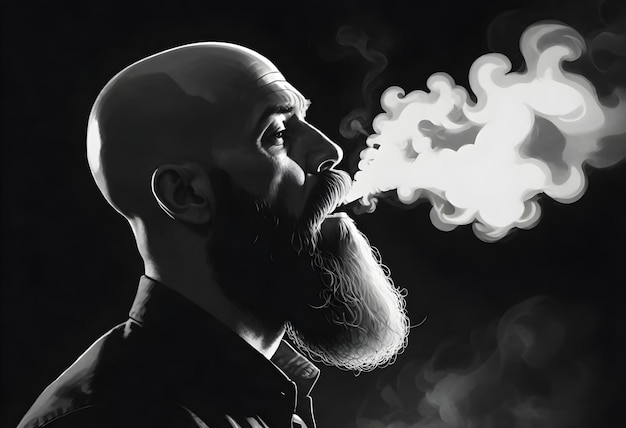 een man met een baard en snor die een sigaret rookt