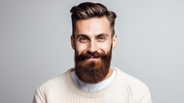 Foto een man met een baard en snor die een trui draagt.