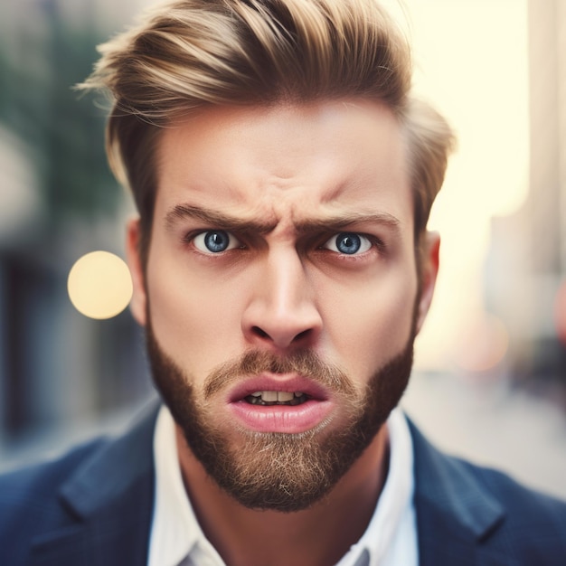 een man met een baard en snor draagt een pak.