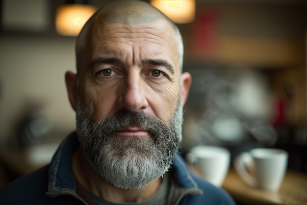 Een man met een baard en snor staat voor een coffeeshop.