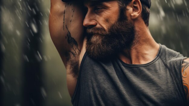 Een man met een baard en tatoeages op zijn arm.