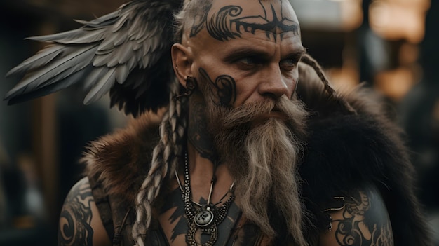 Een man met een baard en vleugels met een tatoeage op zijn gezicht