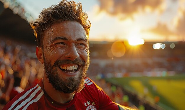 Foto een man met een baard glimlacht naar de camera met de zon achter hem