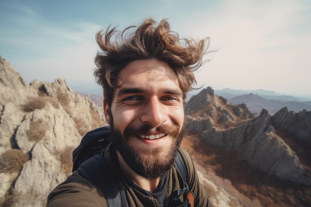 Een man met een baard glimlacht voor een bergketen.