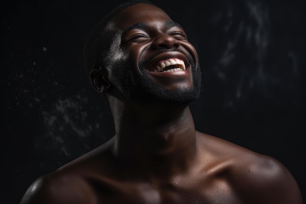 Een man met een baard lacht en kijkt omhoog naar de camera.