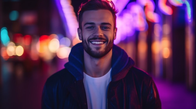 Een man met een baard lacht naar de camera in een donkere stadsstraat.