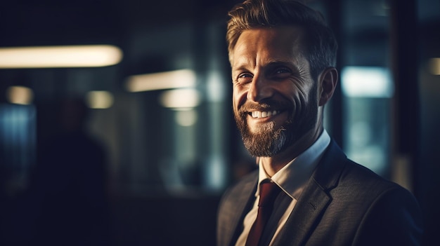 Foto een man met een baard lacht naar de camera.