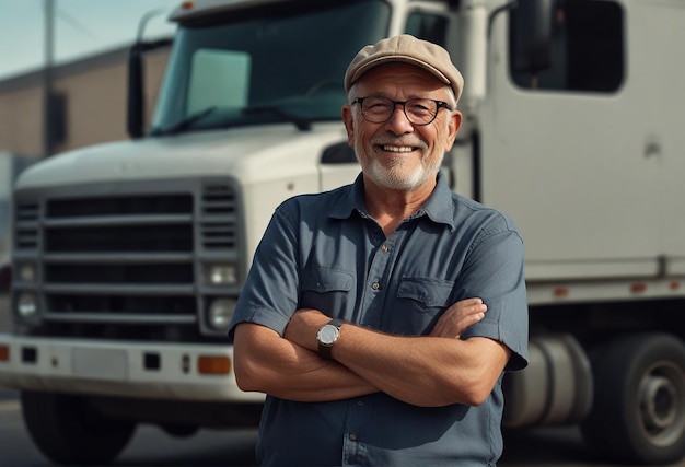 Foto een man met een baard staat voor een vrachtwagen