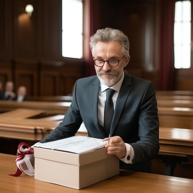 Een man met een baard zit aan een bureau met een boek in zijn hand.