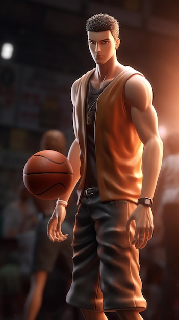 Een man met een basketbal op zijn shirt en korte broek staat voor een basketbalveld.