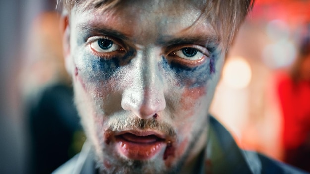 Foto een man met een bebloed gezicht en blauwe ogen kijkt naar de camera.