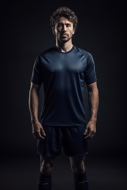 Een man met een blauw shirt waarop staat 'ik ben een voetballer'