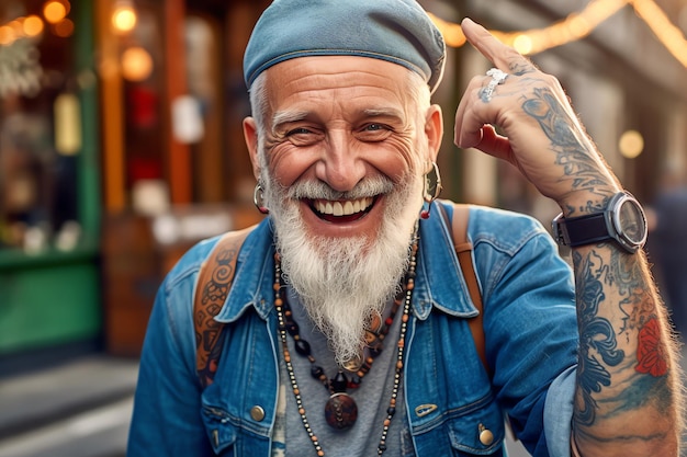 Een man met een blauw spijkerjack en een witte baard lacht naar de camera.