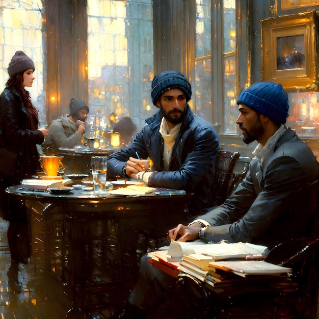 Een man met een blauwe hoed zit aan een tafel in een restaurant met een vrouw met een blauwe hoed.