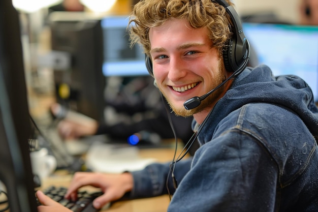 Foto een man met een blauwe hoodie met een microfoon op zijn hoofd