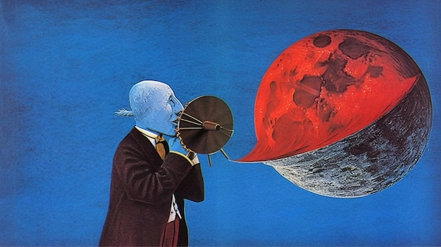 Een man met een blauwe vis op zijn hoofd speelt een rode planeet.