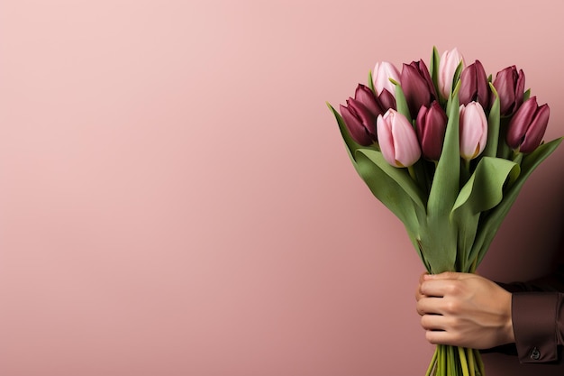 Een man met een boeket tulpen