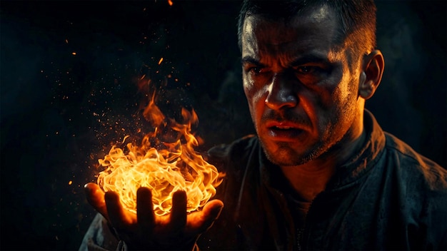 Foto een man met een brandend vuur in zijn hand op een donkere achtergrond