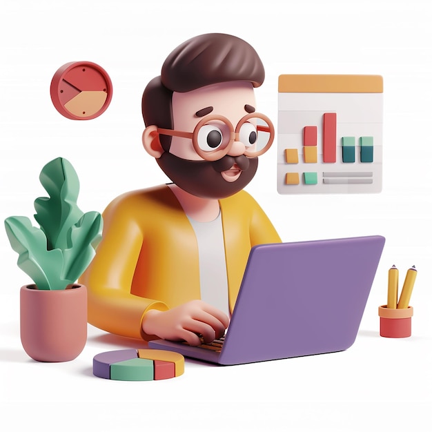 een man met een bril die een laptop gebruikt met een paarse laptop
