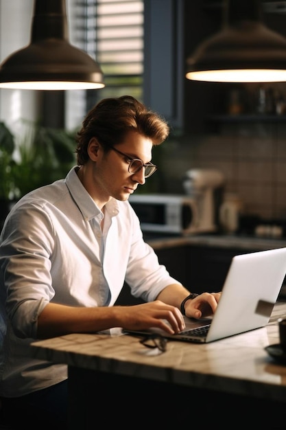 een man met een bril die een laptop gebruikt met een sticker aan de voorkant