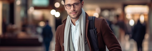 Een man met een bril draagt een sjaal waarop "het woord" staat.