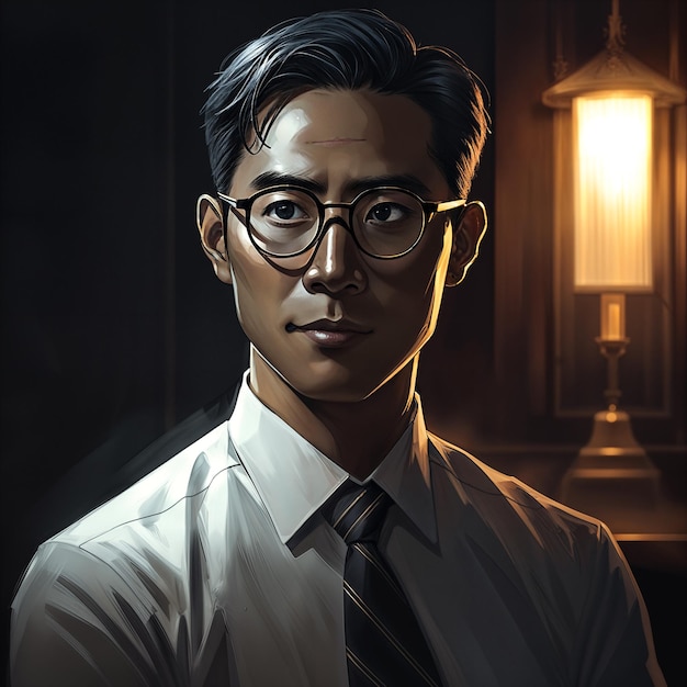 Een man met een bril, een wit hemd en een stropdas. De man lijkt naar de camera te staren, mogelijk in een donkere of zwakke omgeving.