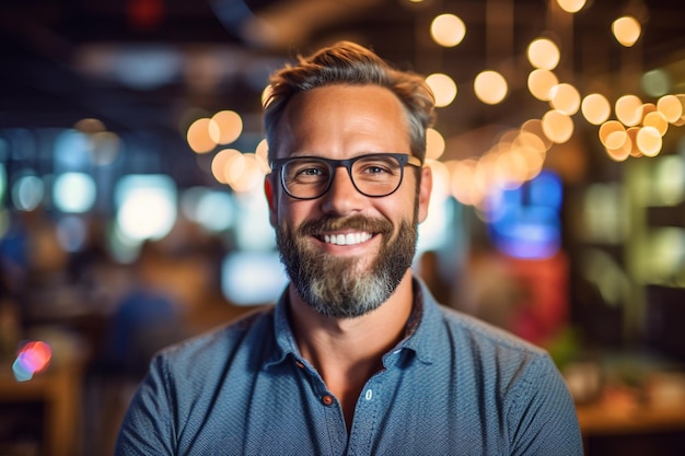 Een man met een bril en een baard staat in een bar met lichten op de achtergrond.