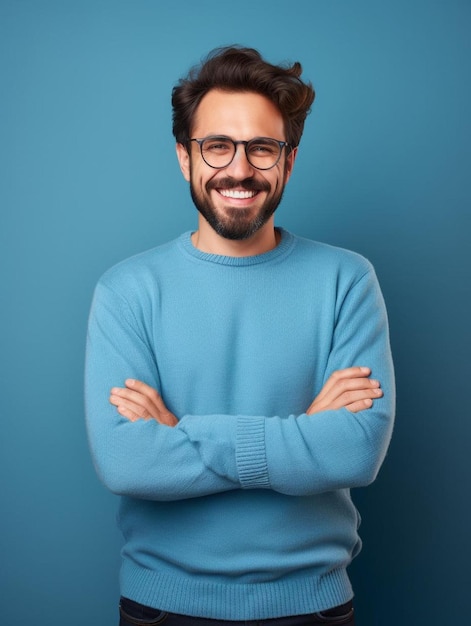 Foto een man met een bril en een blauw shirt die zegt dat hij glimlacht