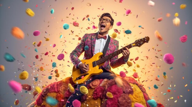 Een man met een bril en een gitaar zit op een kleurrijke rots omringd door confetti.